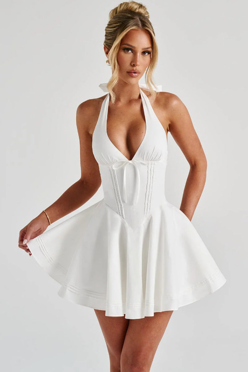 Deep V-neck Sleeveless Women's Halter Bow Cinched Short Dress