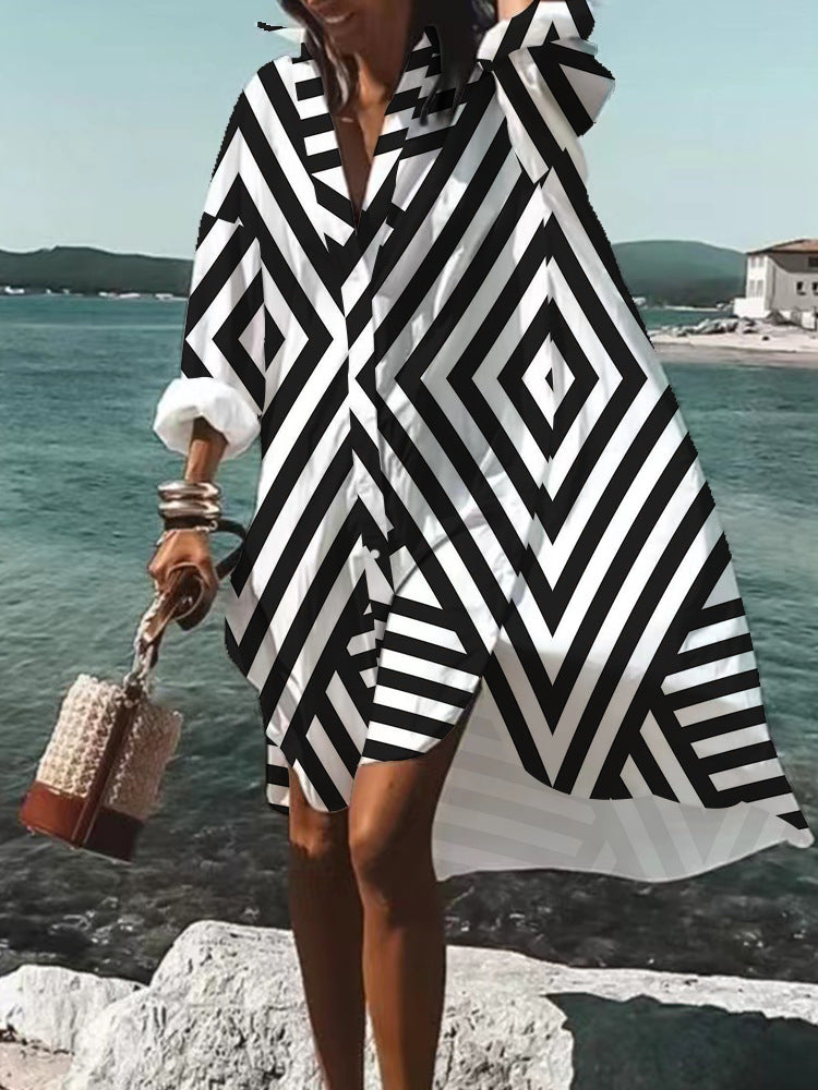 Women's Loose Digital Printing Long-sleeved Lapel Shirt Dress