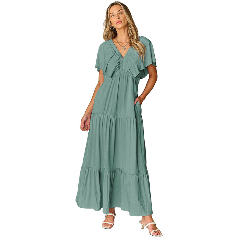 Waist Tight Commute Style Frill Short Sleeve Dress