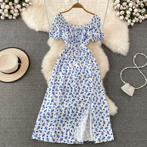 Women's Clothing Princess Sleeves Off-neck Sexy Slit Slim Fit Printed Dress