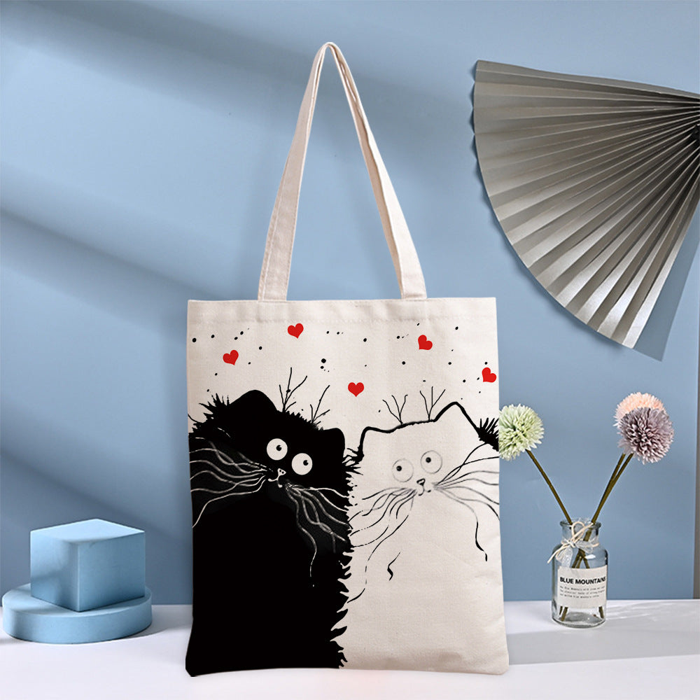 Black Cat Printed Canvas Bag Women's Shoulder Handbag