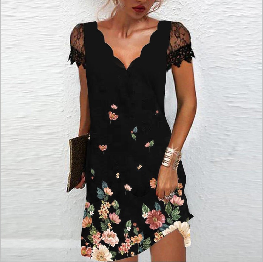 Women's Fashion Lace V-neck Short Sleeve Dress