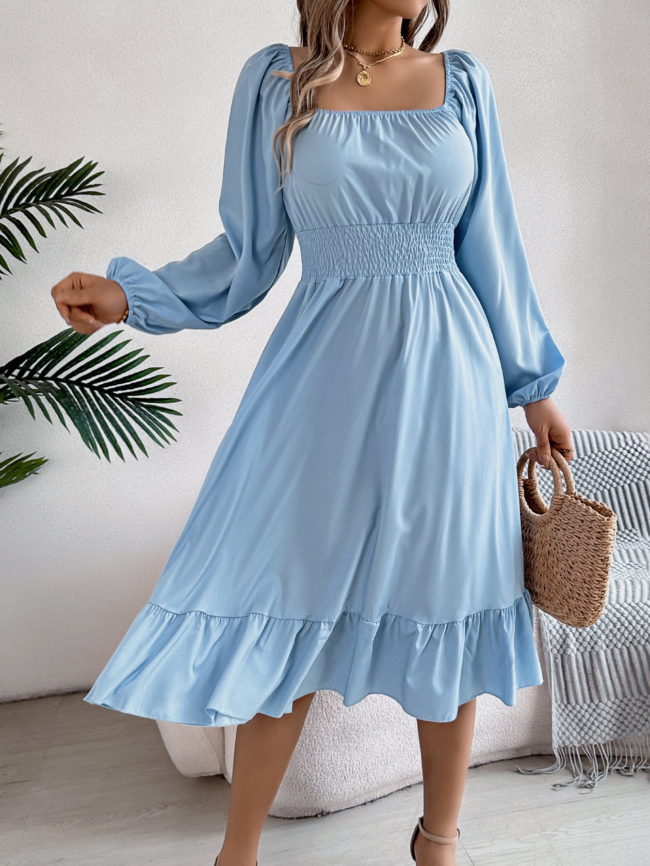 Casual Solid Color Square Collar Long Sleeve Waist Trimming Ruffles A- Line Skirt