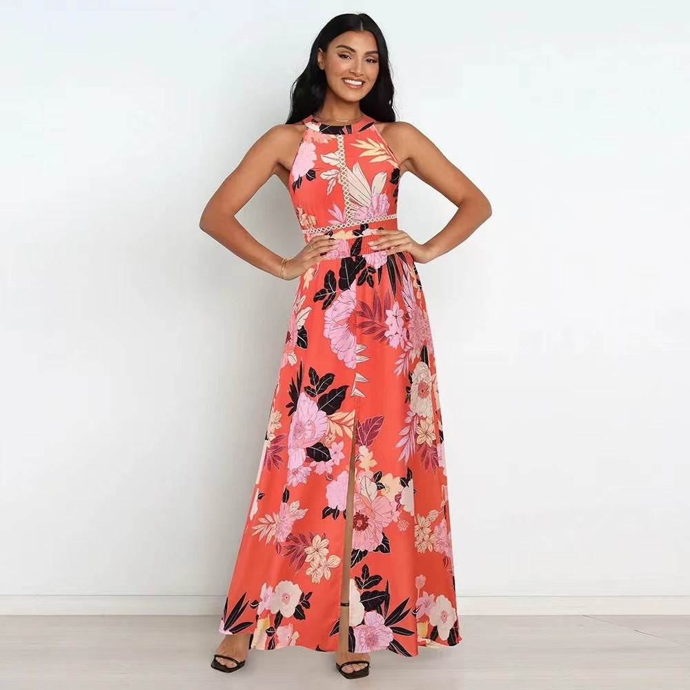 Summer Printed Round Neck Sleeveless Dress Halter Long