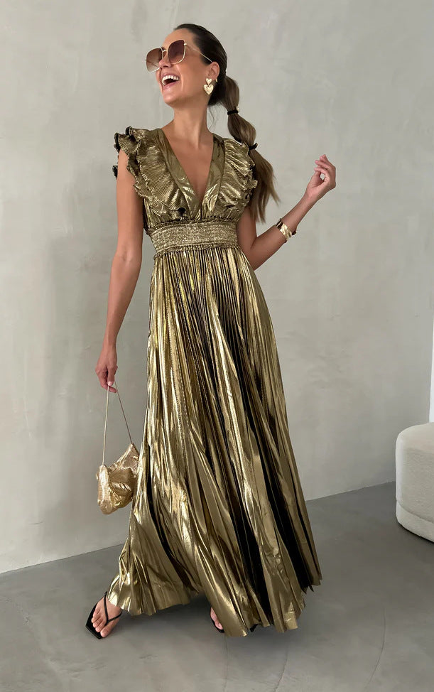 Summer New Women's Pleated Sexy V-neck Waist Dress