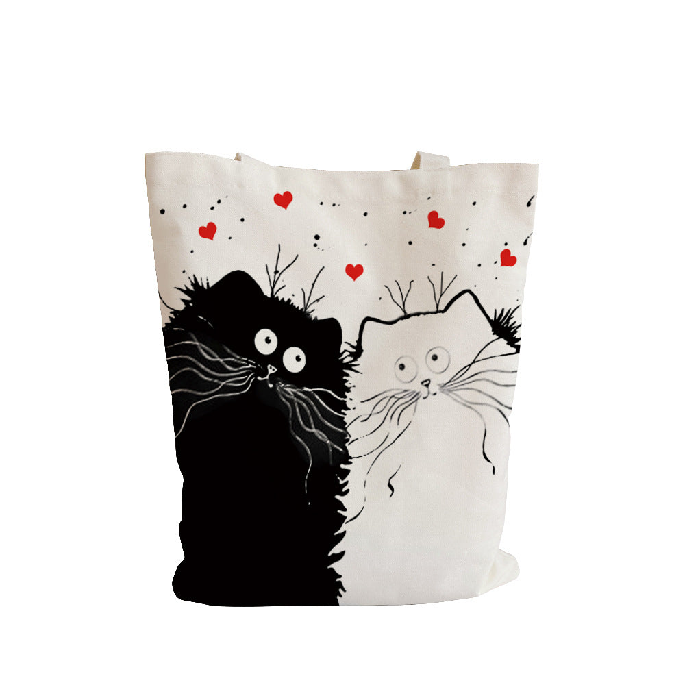 Black Cat Printed Canvas Bag Women's Shoulder Handbag