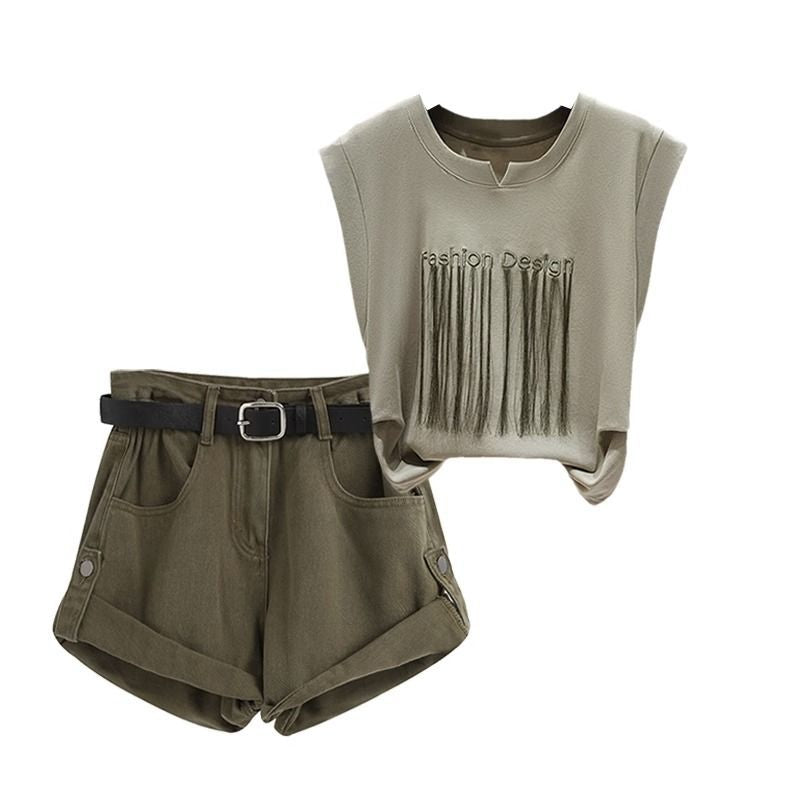 Casual Slim-looking Clothes Women's Short-sleeved Top Cargo Shorts