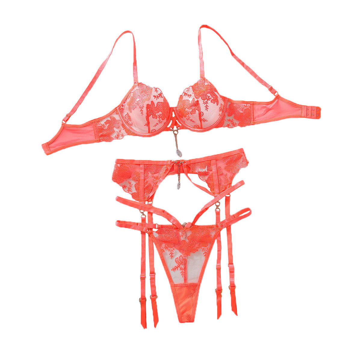 Embroidered Mesh See-through Push Up Lingerie Three-piece Set
