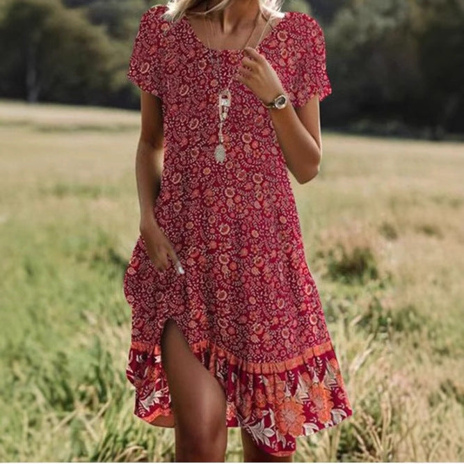 Women's Round Neck Short Sleeve Digital Positioning Printing Dress
