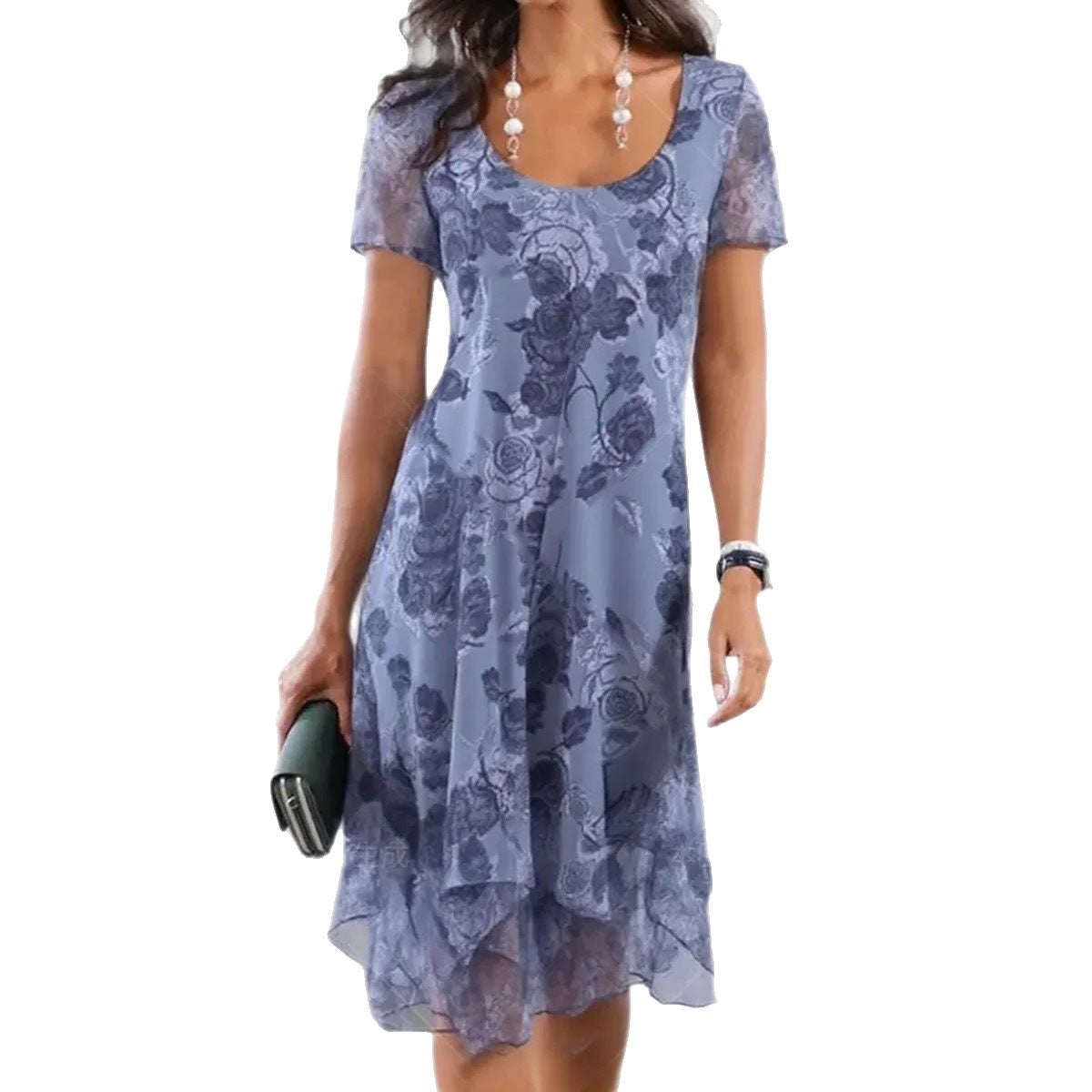 Women's Simple Mesh Printed Short Sleeve Loose Dress
