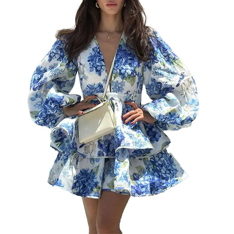V-neck Puff Sleeve Printed Ruffled Short European And American Style Dress