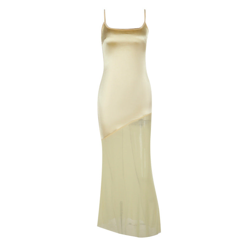 Classic Style Elegant Slim Satin Stitching Mesh Spaghetti-strap Dress