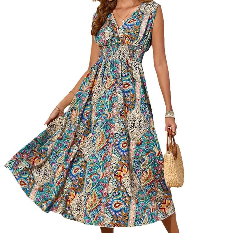 Women's Fashion Printed V-neck Sleeveless Dress
