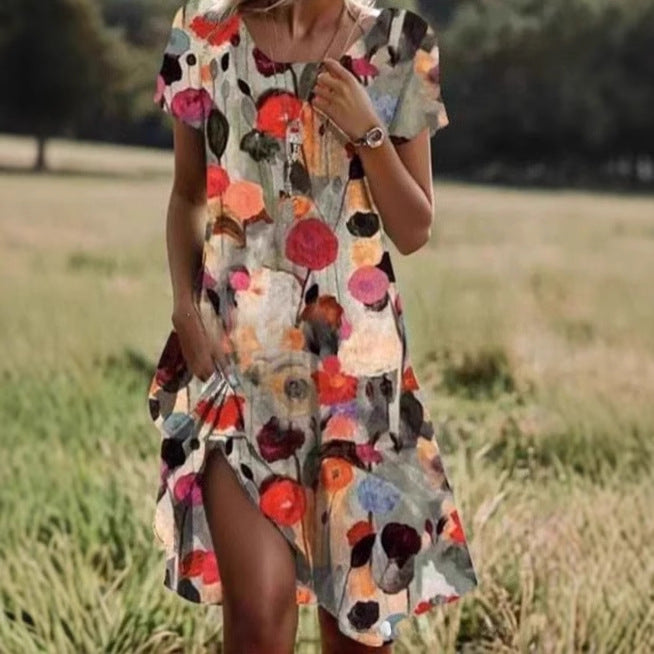 Women's Round Neck Short Sleeve Digital Positioning Printing Dress