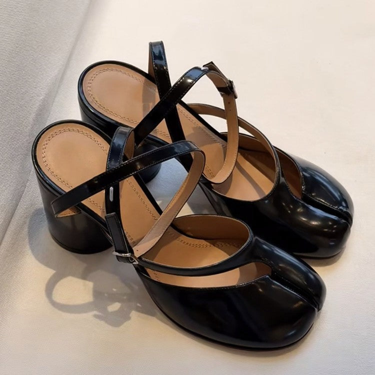 Niche Split Toe Women's Chunky Heel Cross Lace-up Shoes