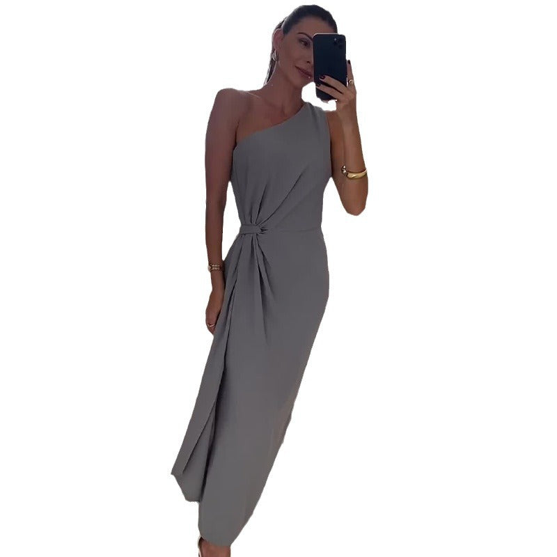 Diagonal Collar Sleeveless Pleated Long Waist Dress