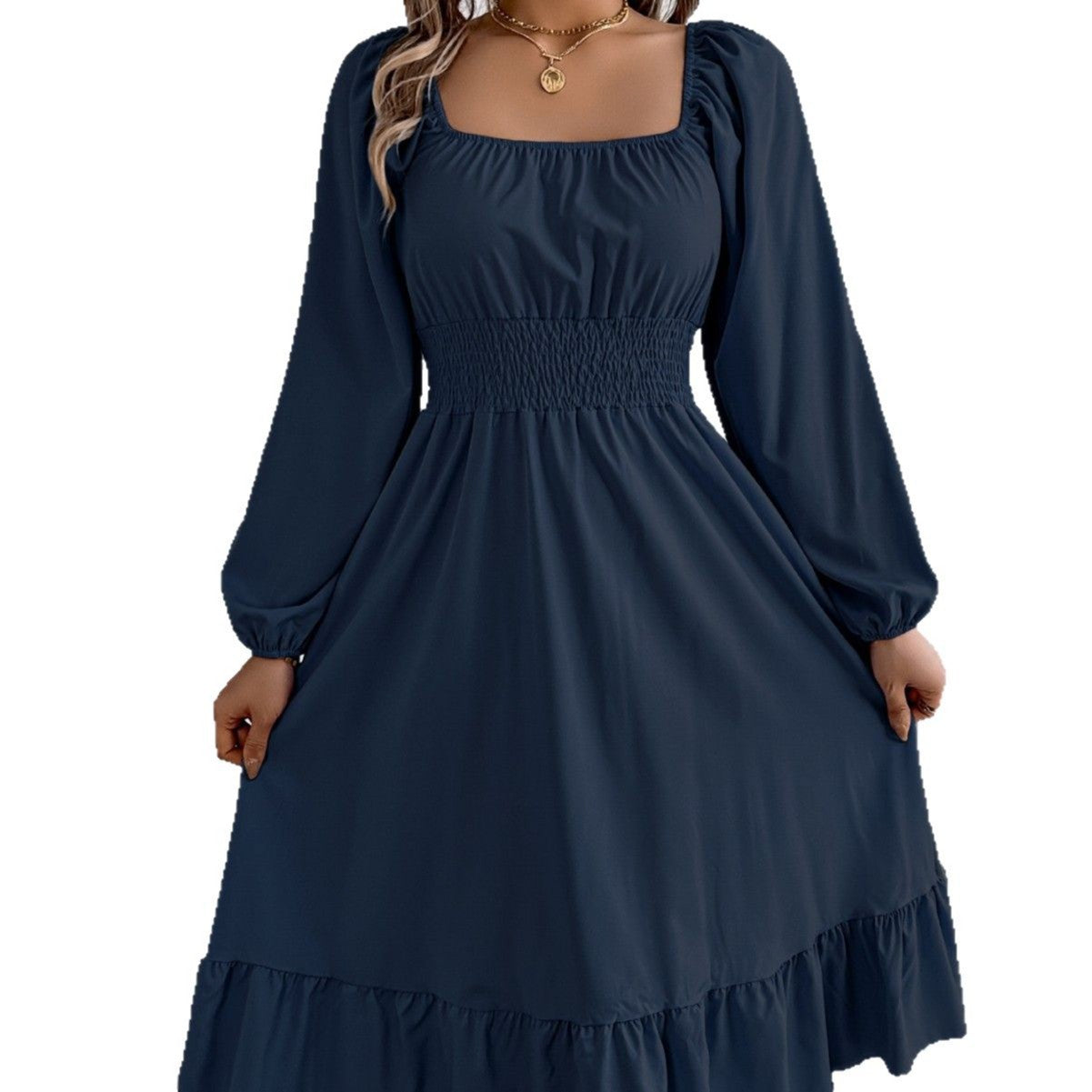 Casual Solid Color Square Collar Long Sleeve Waist Trimming Ruffles A- Line Skirt
