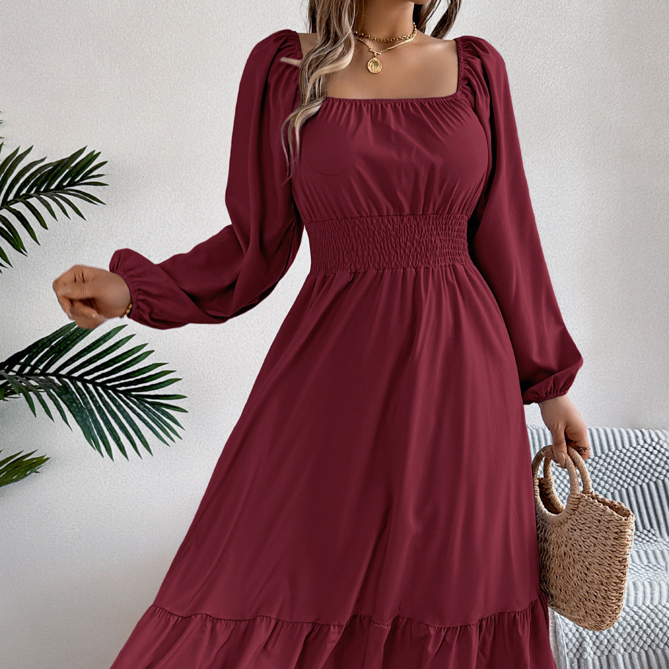 Casual Solid Color Square Collar Long Sleeve Waist Trimming Ruffles A- Line Skirt
