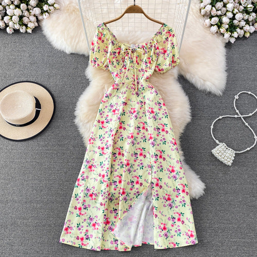 Women's Clothing Princess Sleeves Off-neck Sexy Slit Slim Fit Printed Dress