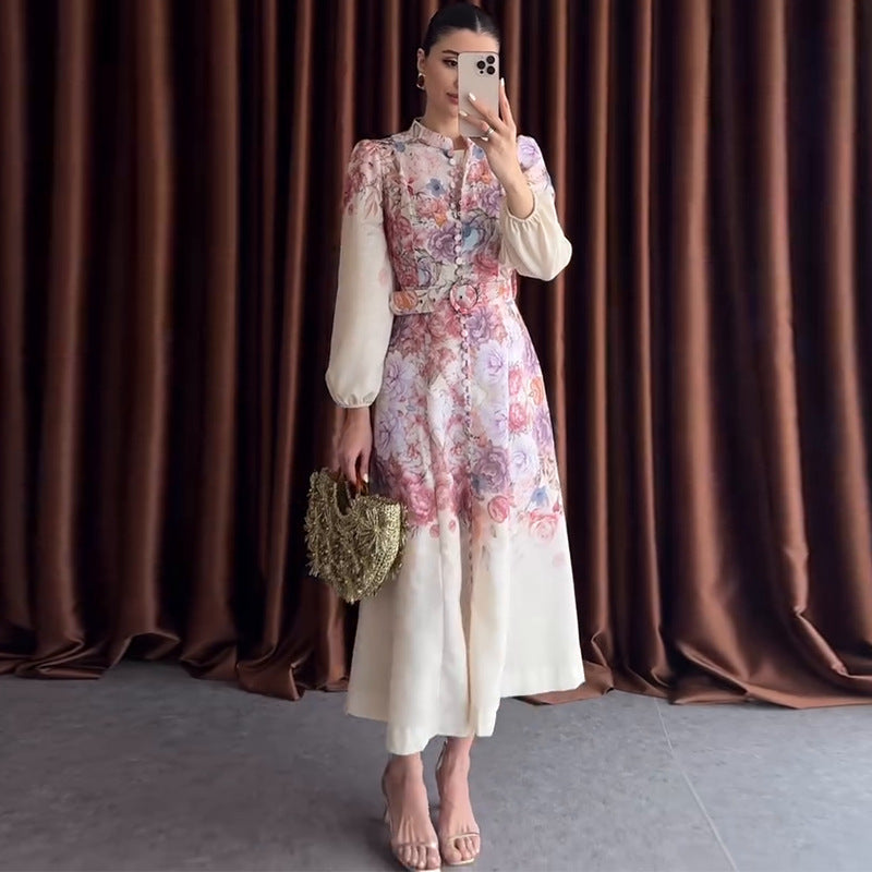 Women's Clothing Single-breasted Long Sleeve Belt Printed Dress