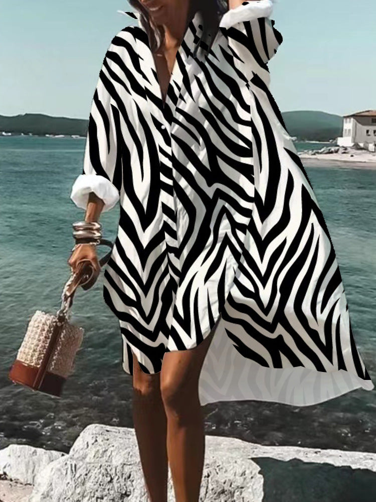 Women's Loose Digital Printing Long-sleeved Lapel Shirt Dress