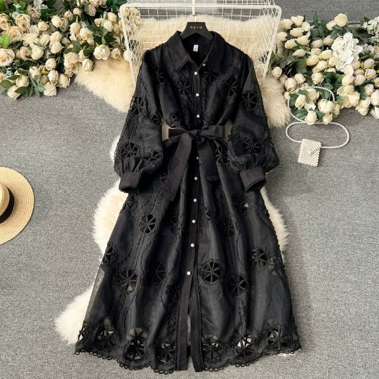 Women's Machine Embroidery Hollow-out Mid-length Puff Sleeve Dress