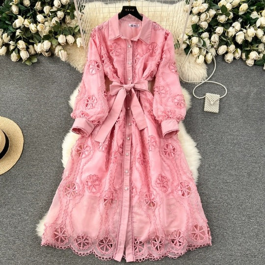 Women's Machine Embroidery Hollow-out Mid-length Puff Sleeve Dress