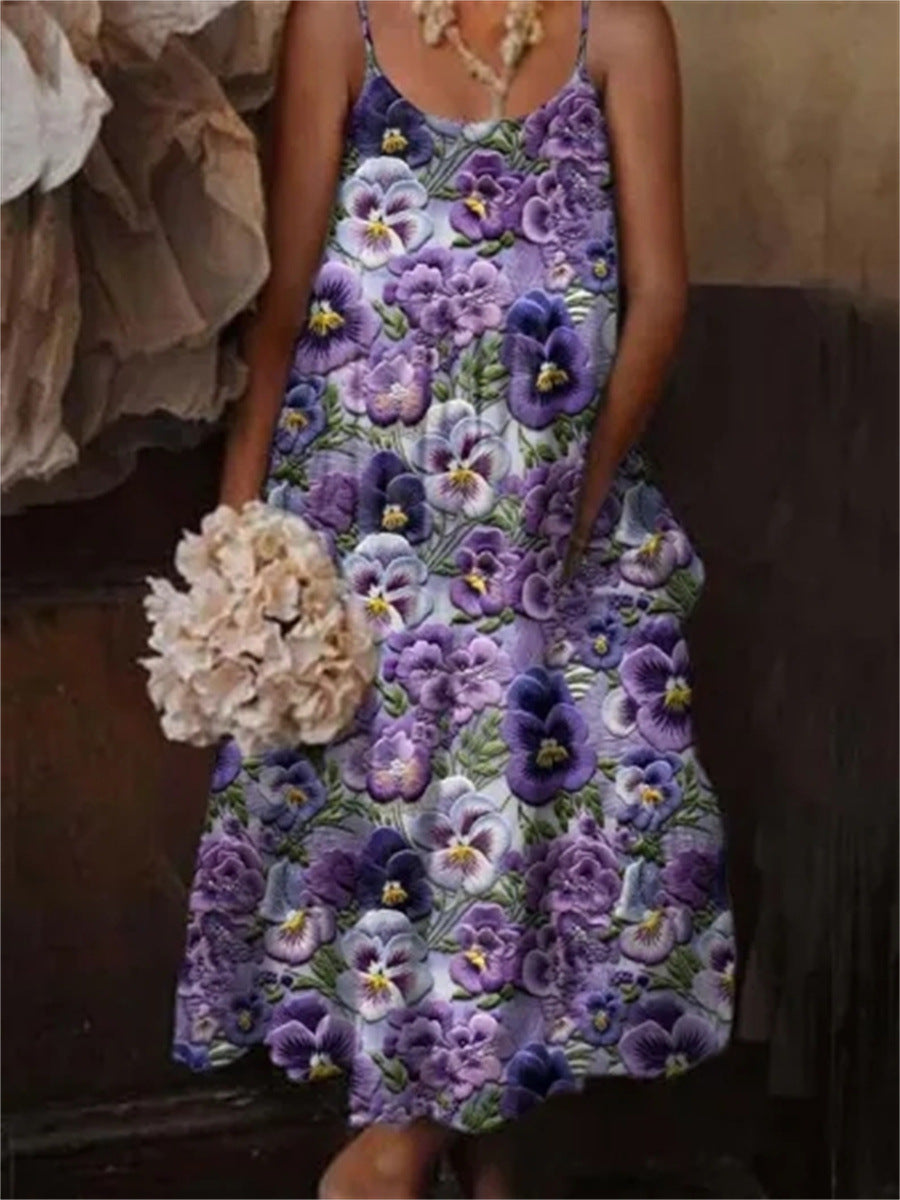 Cross-border European And American Style Women Floral Art Printing Casual Sling Holiday Dress