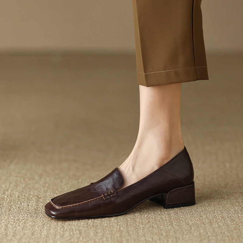 Loafers Women's Shoes Chunky Heel Low Top Square Toe Pumps
