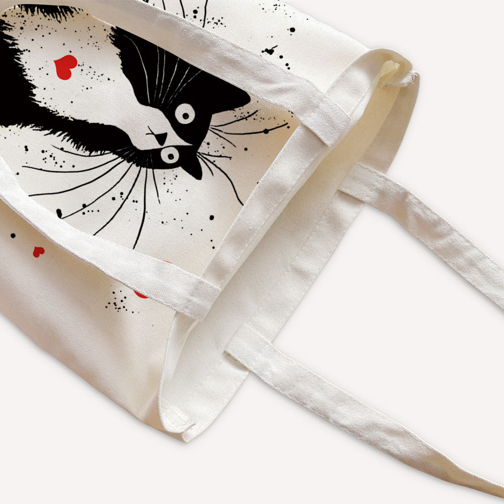Black Cat Printed Canvas Bag Women's Shoulder Handbag