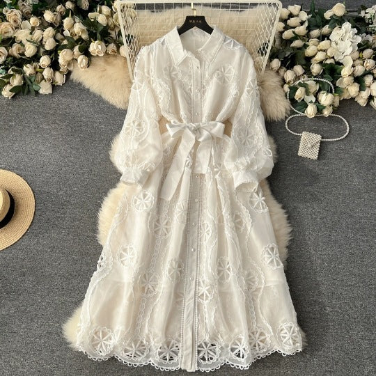 Women's Machine Embroidery Hollow-out Mid-length Puff Sleeve Dress
