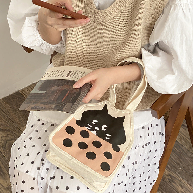 Casual Hand-carrying Cute Kitten Illustration Canvas Bag Female
