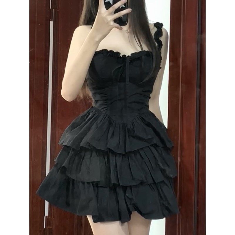 Black French Strap Dress Niche Design Temperament