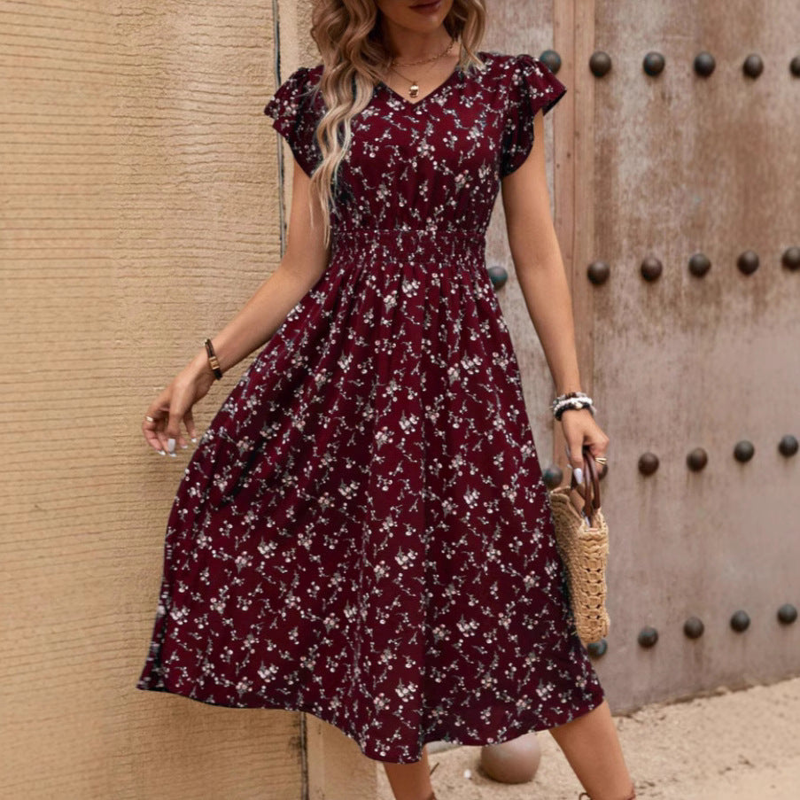 Fashion Elegant Women's V-neck Belted Ruffle Sleeve Print Dress