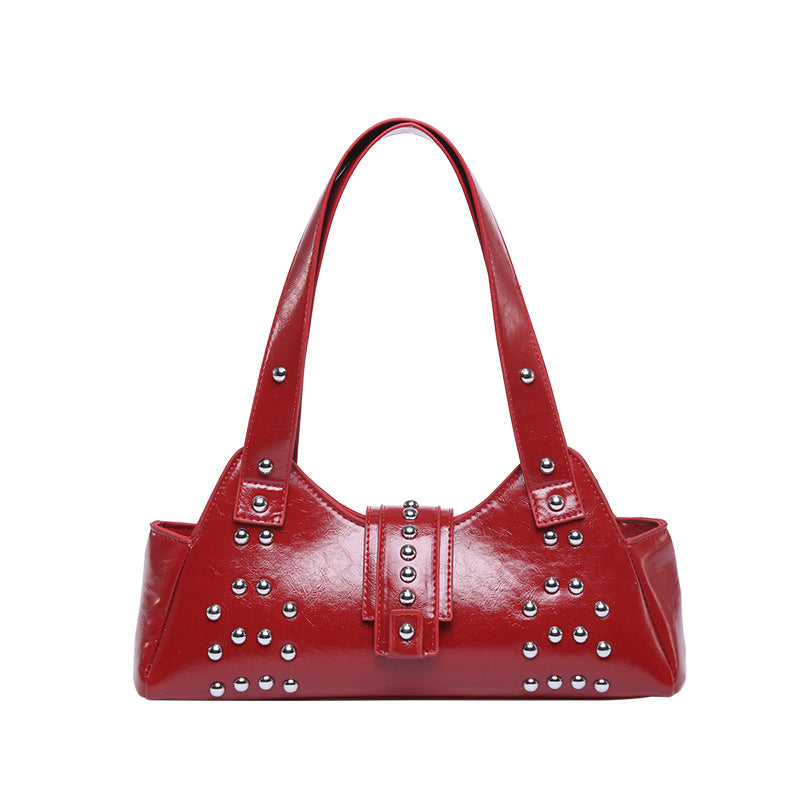 Personality Street Punk Oil Wax Leather Armpit Rivet Bag
