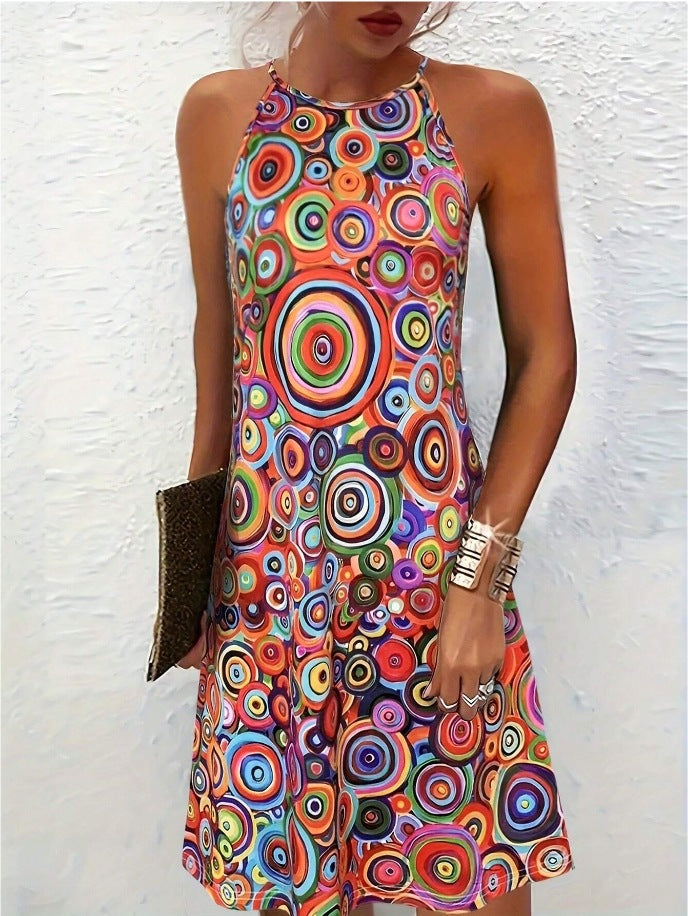 Psychedelic Colorful Spiral Printed Halter Mini Dress