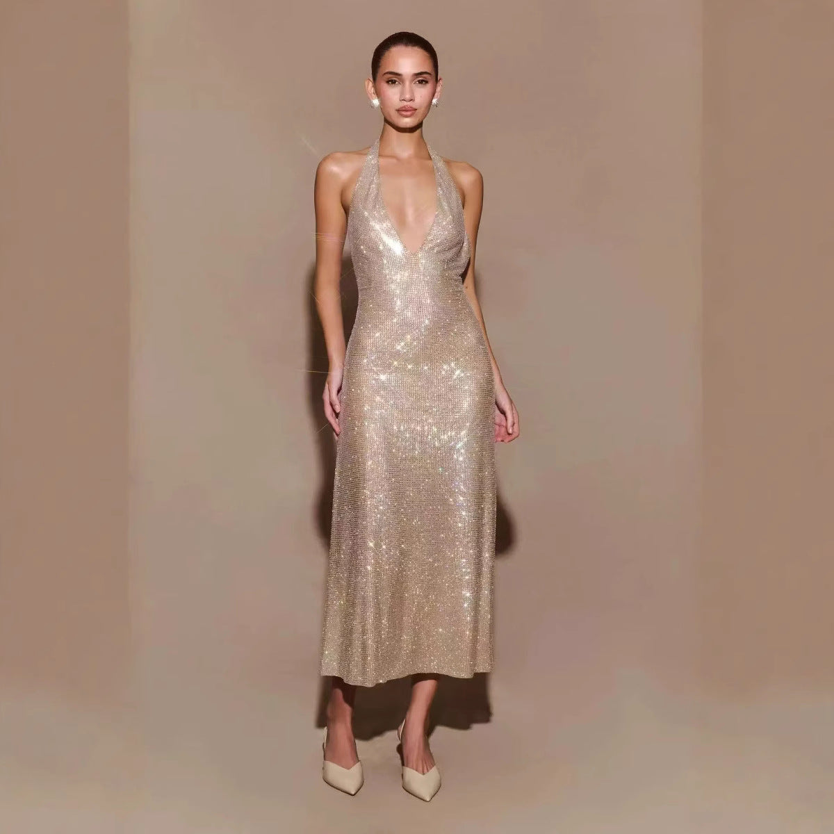 Women's Fashion Deep V-neck Prom Sequin Sling Formal Dress