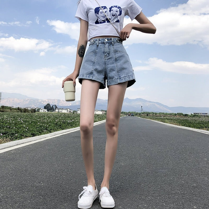 Thin High Waist Korean Style Small All-matching Denim Shorts