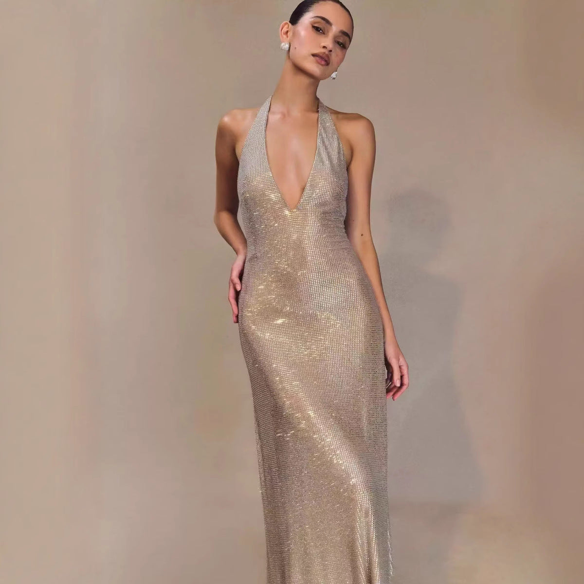 Women's Fashion Deep V-neck Prom Sequin Sling Formal Dress