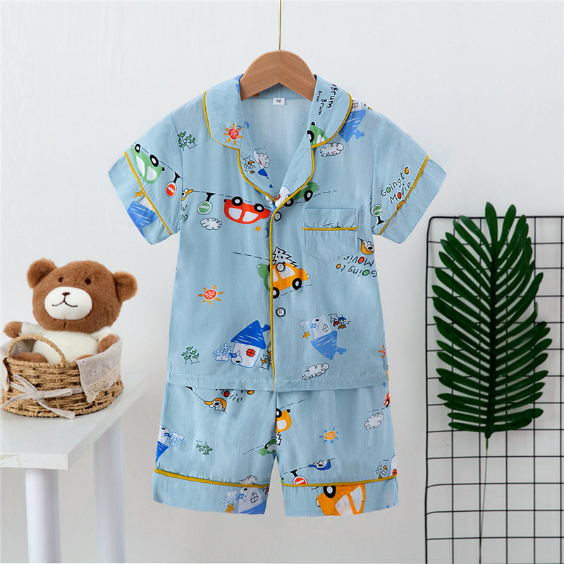 Boys And Girls Faux Silk Cardigan Pajamas Short Sleeve Set