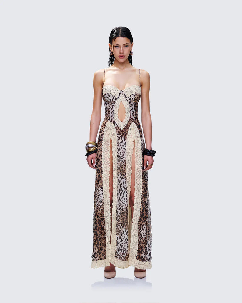 Sexy Leopard Print Sling Hot Girl Lace Patchwork Slit Exposed Navel Dress