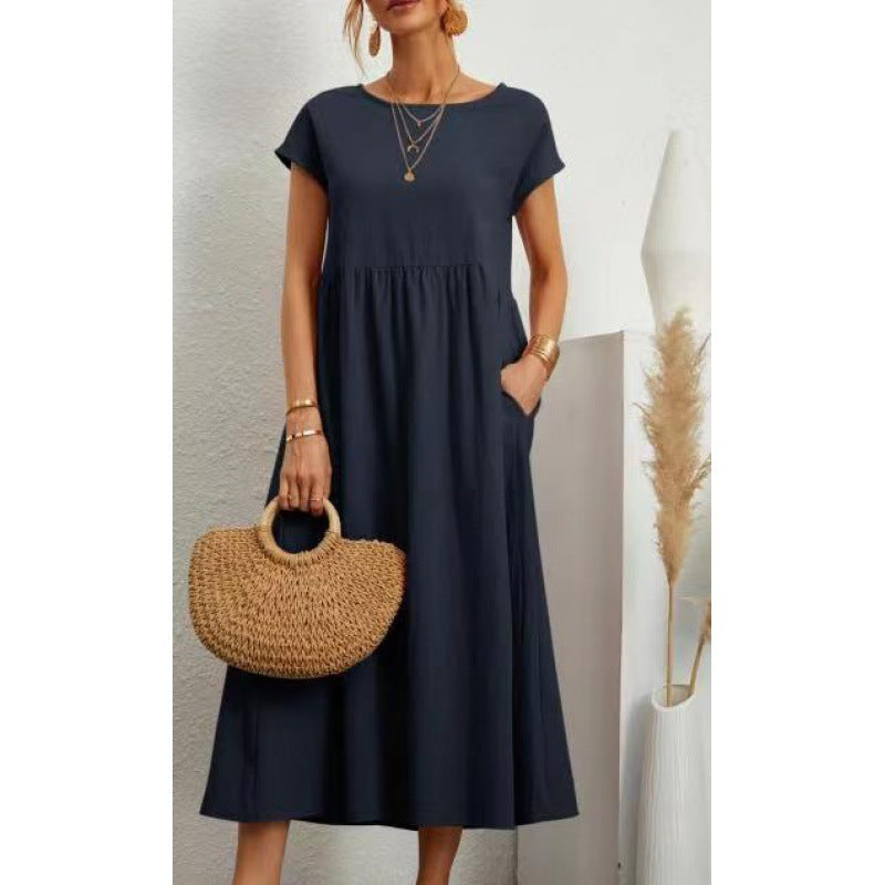 Solid Color Short Sleeved Loose Cotton And Linen Dress With Pockets