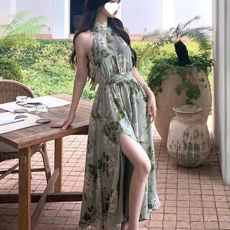 Summer Sleeveless Elegant Waist Trimming Printing Skirt