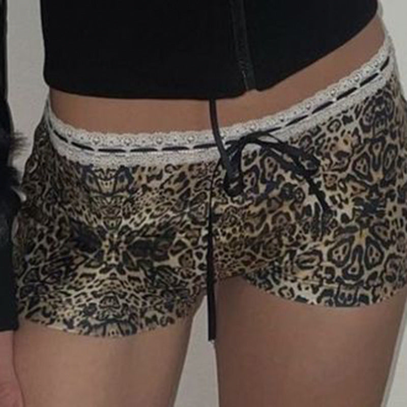 European And American Leopard Print Lace Stitching Lace Casual Shorts Low Waist Lace-up Bow Slim Fit