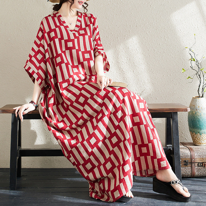 Ethnic Style V-neck Printed Striped Dress Women