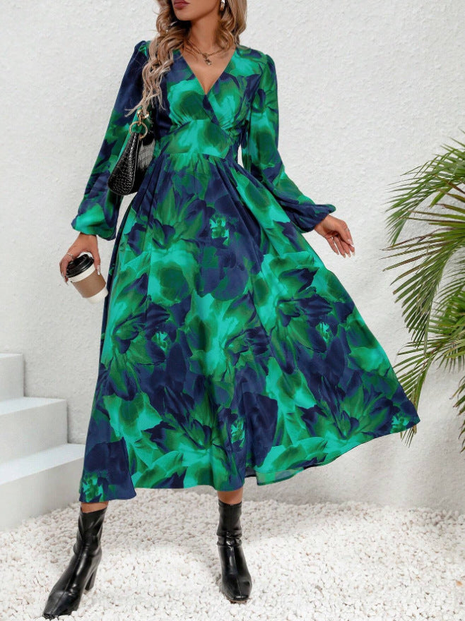Women's SpringSummer Temperament Waist-controlled V-neck Print Dress