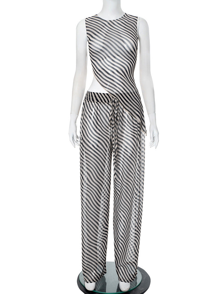 Women's Sleeveless Diagonal Stripes See-through Irregular Top Suit