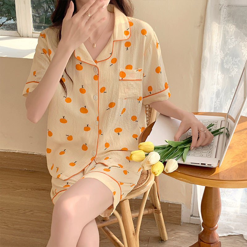 Summer Japanese Bubble Cotton Cute Orange Pajamas For Women