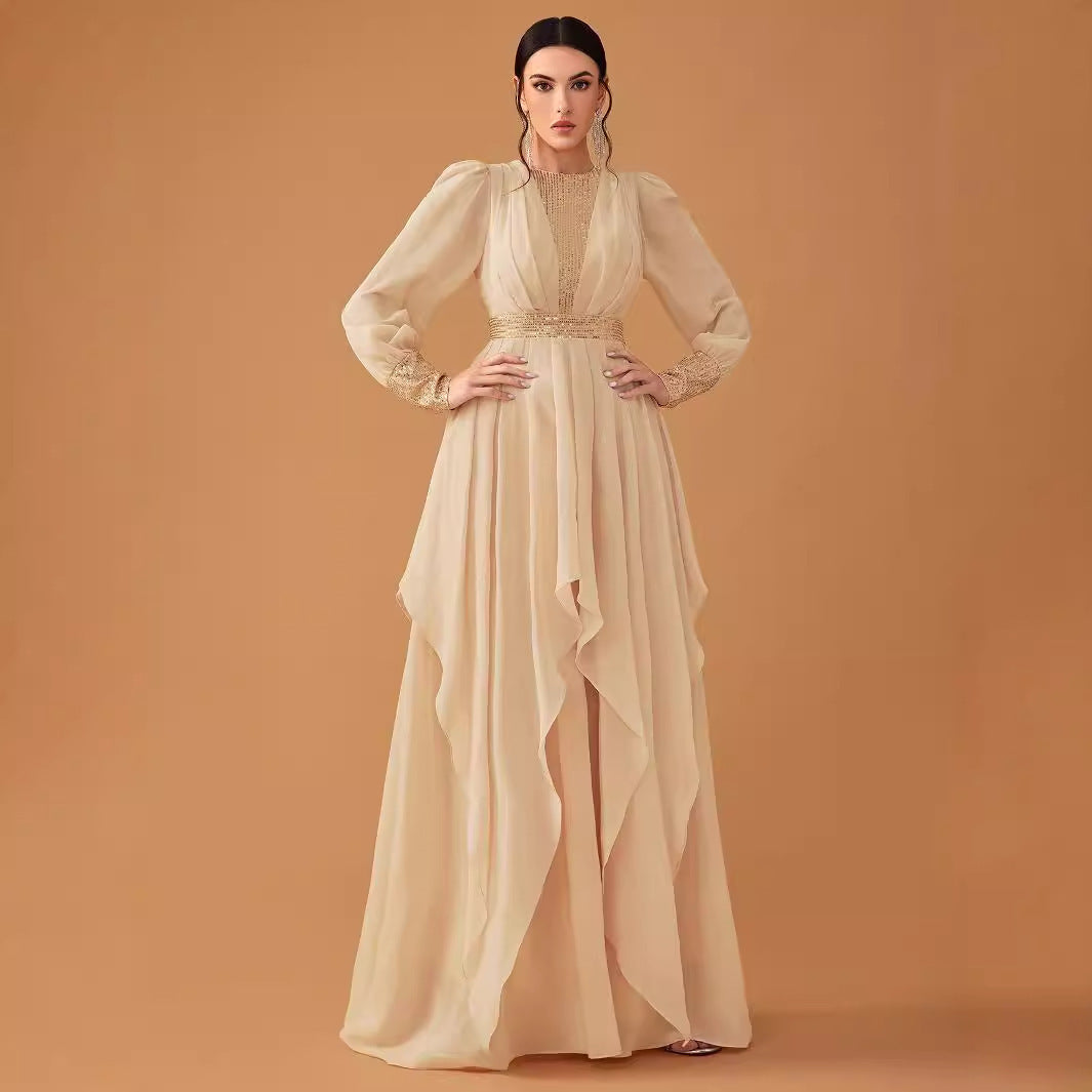 Women's Elegant Chiffon Sequined Lantern Sleeve Dress