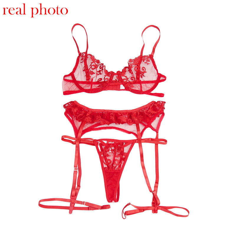 Red Lace Erotic Lingerie Bra Transparent Exotic Gorgeous Love Secret 3 Pieces